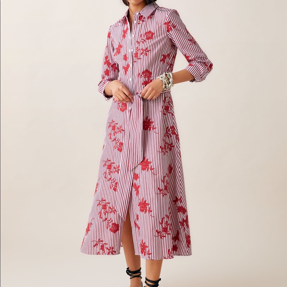 Zara Striped Embroided Dress Red  Midi XSmall